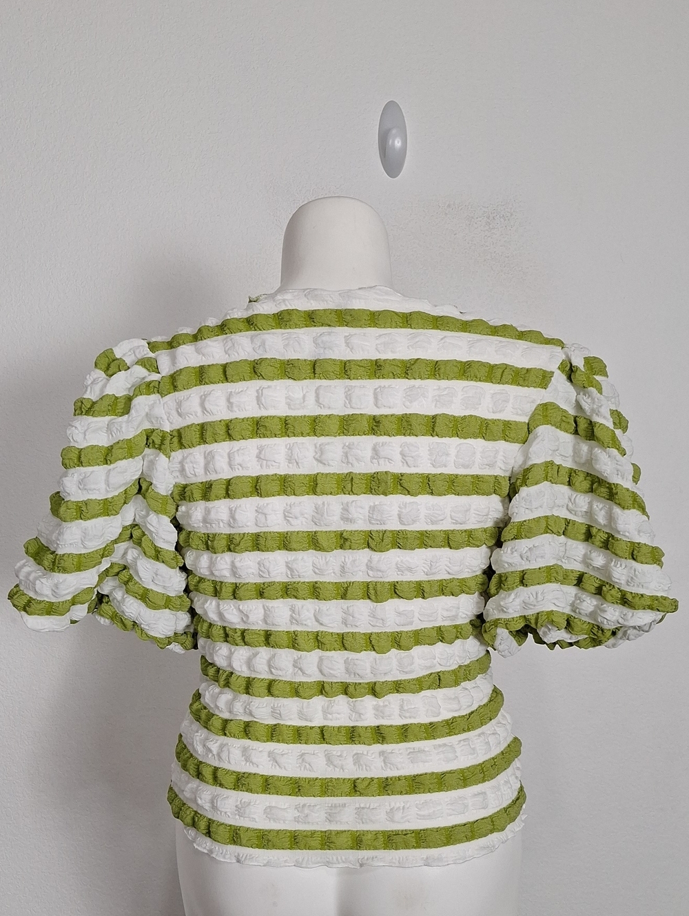 Kaktus “NEW” Green & White Striped Puff Sleeve Textured Cottagecore Top Size XL - Picture 4 of 9